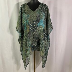 Revue Blue & Green Mixed Boho Print Short Sleeve V-Neck Kaftan Top